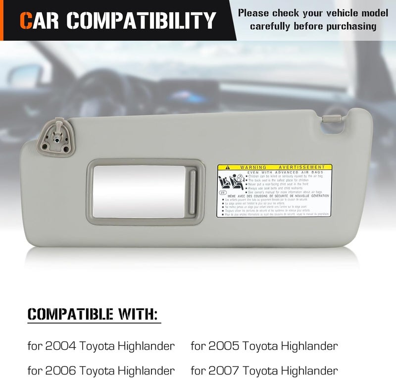 AEagle Left & Right Sun Visor for 2004-2007 Toyota Highlander, Driver & Passenger Side Grey Sunvisor Replace 74320-48260-A0 - Image 3